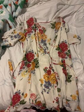 Reformation White Floral Mini wrap Dress with Red blue & Yellow Blooms